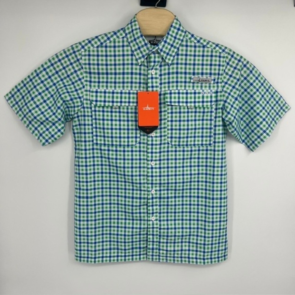 NWT Habit Men's Small Tackle Plaid Fishing Shirt Nautical Blue Green UPF‎ 40+